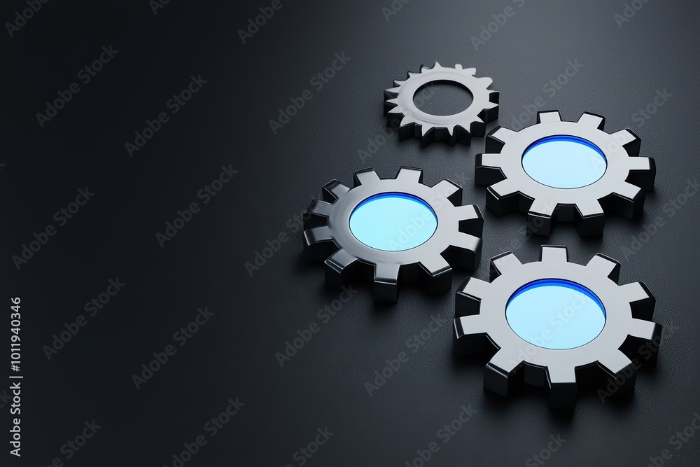 Three metallic gears with blue elements on a dark surface, representing engineering and automation. Three metallic gears with blue elements on a dark surface, representing engineering and automation.