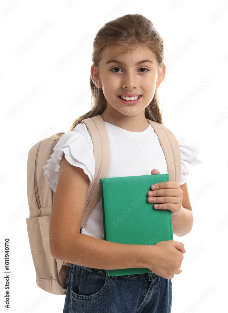 Portrait of cute girl with backpack and book on white background