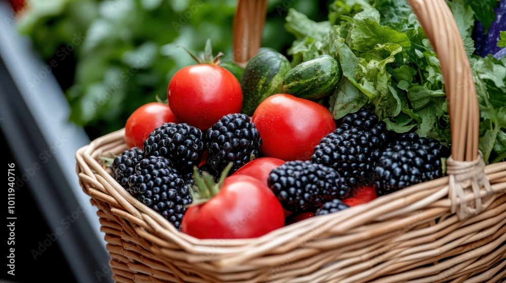 A charming wicker basket containing a variety of fresh produce including tomatoes and blackberries, representing a nutritious and visually appealing blend of nature’s bounty. A charming wicker basket containing a variety of fresh produce including tomatoes and blackberries, representing a nutritious and visually appealing blend of nature’s bounty.