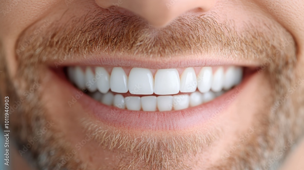 Obraz premium The image showcases a close-up view of a man's vibrant smile, highlighting his neatly groomed beard and bright, white teeth for a fresh and modern look.