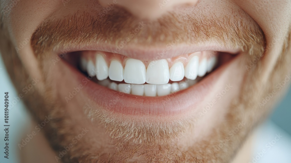 Obraz premium A close-up of a man's cheerful smile, displaying perfectly aligned and bright white teeth, emphasizing dental health and confidence in a crisp image.