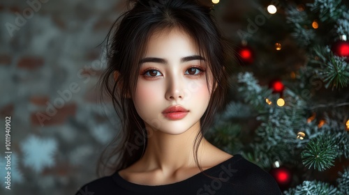 Young Asian woman posing beside a decorated Christmas tree