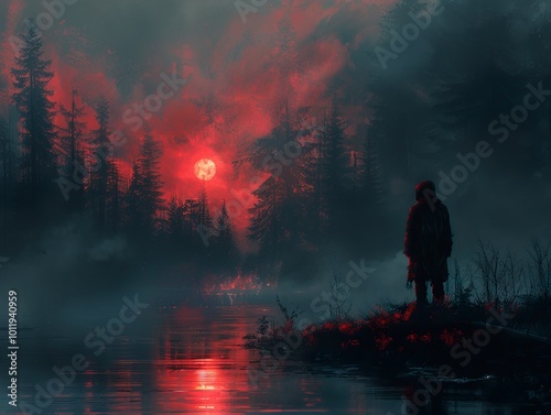 Mysterious Figure in a Red Moonlit Forest