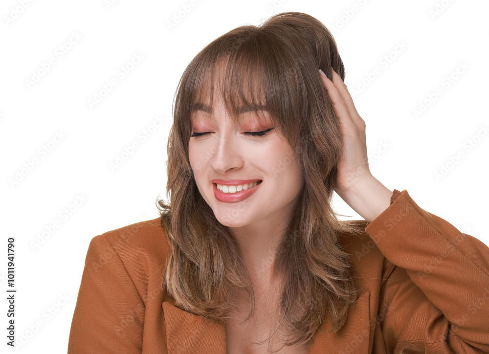 Attractive woman with stylish haircut on white background Attractive woman with stylish haircut on white background
