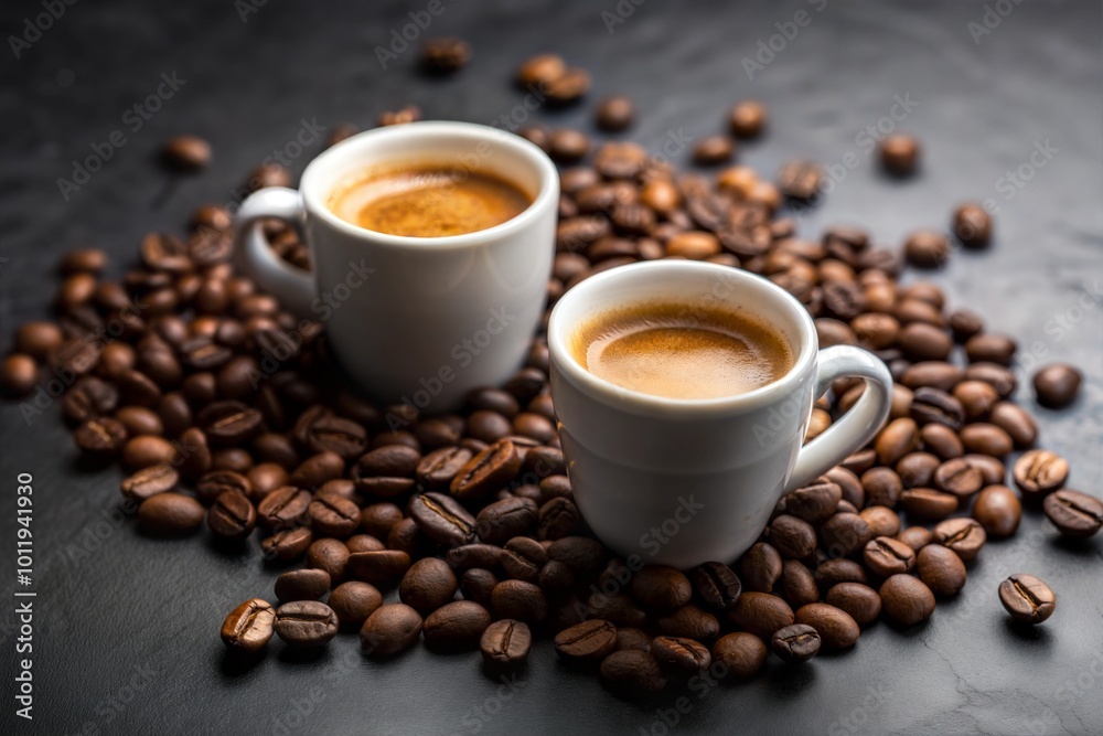Two white espresso cups on roasted coffee beans dark background Two white espresso cups on roasted coffee beans dark background