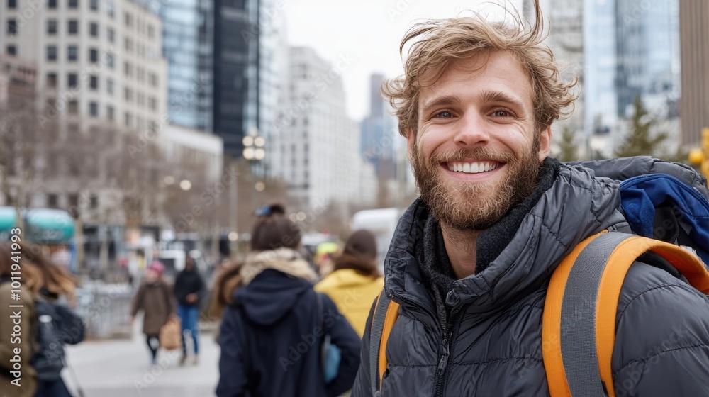 A happy man with an orange backpack stands in a busy city street with modern architecture in the background, capturing the spirit of urban exploration. A happy man with an orange backpack stands in a busy city street with modern architecture in the background, capturing the spirit of urban exploration.