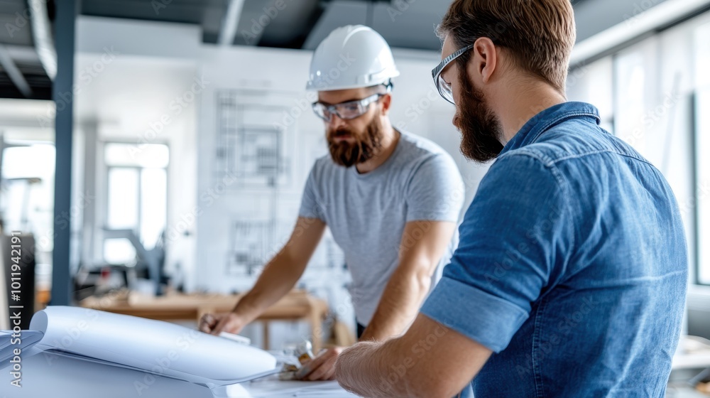 Two engineers wearing safety gear are deeply focused while collaborating on architectural blueprints in a modern workspace environment. Two engineers wearing safety gear are deeply focused while collaborating on architectural blueprints in a modern workspace environment.