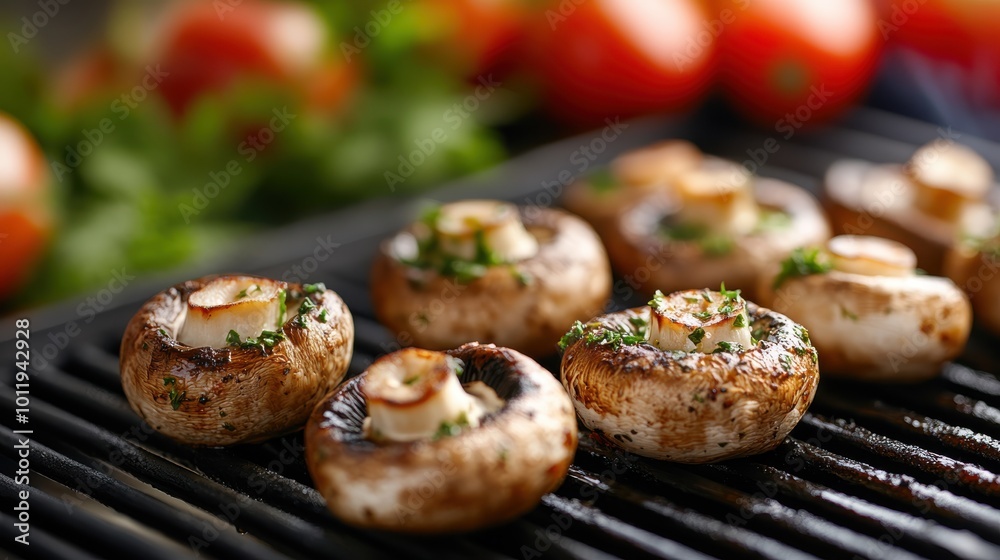Delicious mushrooms are roasted on a hot grill, garnished with fresh herbs, exuding a savory aroma. Red tomatoes and green herbs provide a colorful background. Delicious mushrooms are roasted on a hot grill, garnished with fresh herbs, exuding a savory aroma. Red tomatoes and green herbs provide a colorful background.