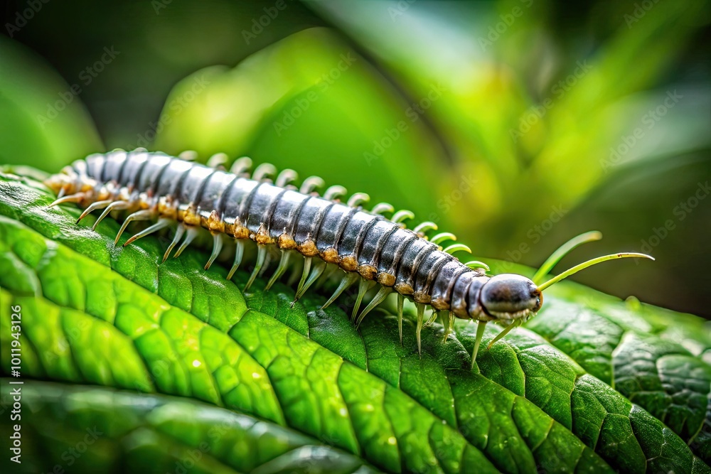 Close-up of a silver centipede crawling on a leaf in a lush green environment under natural light Close-up of a silver centipede crawling on a leaf in a lush green environment under natural light