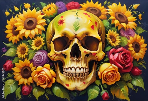 A colorful skull made of flowers including sunflowers, roses, and other vibrant blooms against a dark blue background