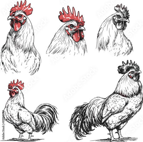 Set of Black Chicken Chalk Vector Illustration Concept. Minimalist line art template.