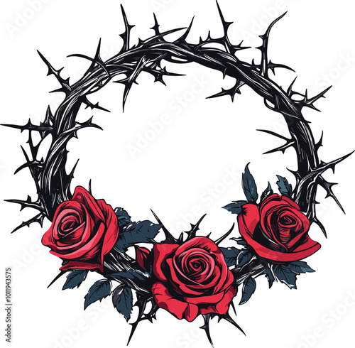 crown of thorns and red roses icon isolated on white background.