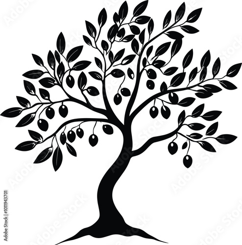 Olive tree icon, olives, leaves and branches in vector flat line. Olive tree sign for extra virgin olive oil.