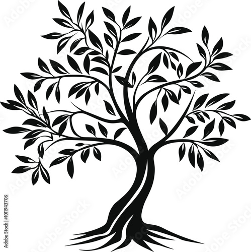 Olive tree icon, olives, leaves and branches in vector flat line. Olive tree sign for extra virgin olive oil.
