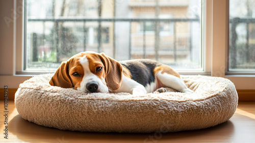 Sick beagle Puppy lying on a dog bed on the floor Sad sick beagle at home