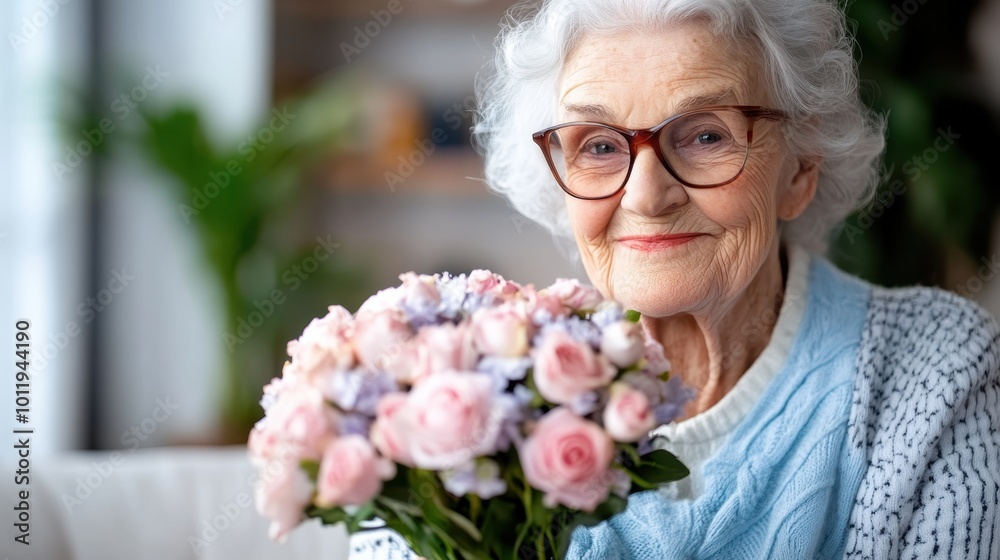 A serene elderly woman in a cozy sweater gently holds a pastel-colored bouquet, exuding tranquility and fond memories in a warmly lit indoor setting. A serene elderly woman in a cozy sweater gently holds a pastel-colored bouquet, exuding tranquility and fond memories in a warmly lit indoor setting.