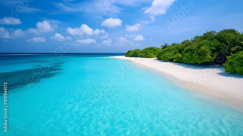 Pristine tropical beach with white sand and vibrant blue water under a clear sky, representing an idyllic destination for relaxation and escape.