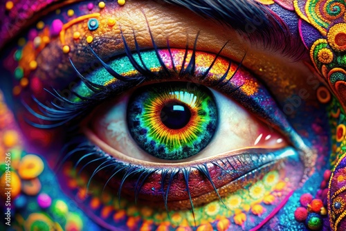 Close-Up of a Striking Eye with Intricate Patterns and Vivid Colors in a Captivating Composition