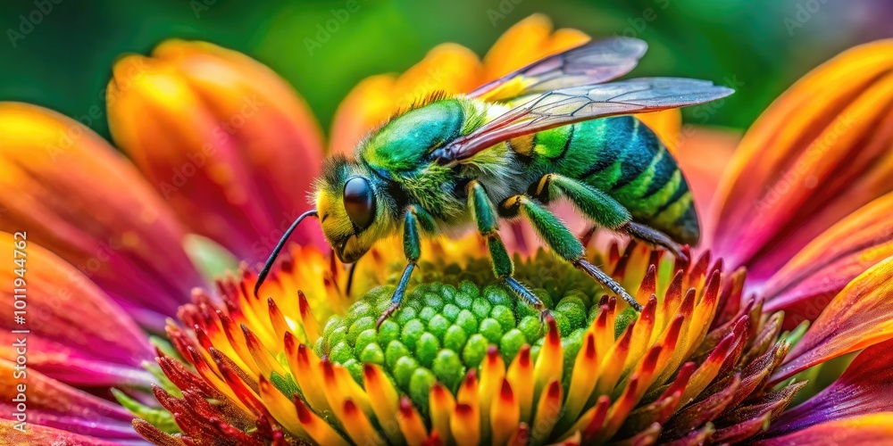 Close-up of a Sweat Bee Gathering Nectar on a Colorful Flower in a Lush Green Garden Setting Close-up of a Sweat Bee Gathering Nectar on a Colorful Flower in a Lush Green Garden Setting