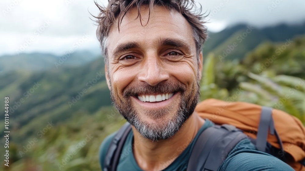 A content bearded man grins widely, hiking in lush mountain scenery, exuding happiness and peace, embodying an adventurous spirit in a natural setting. A content bearded man grins widely, hiking in lush mountain scenery, exuding happiness and peace, embodying an adventurous spirit in a natural setting.