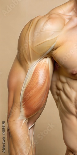 Detailed view of muscular arm anatomy highlighting muscle structure in a fitness studio setting. Generative AI