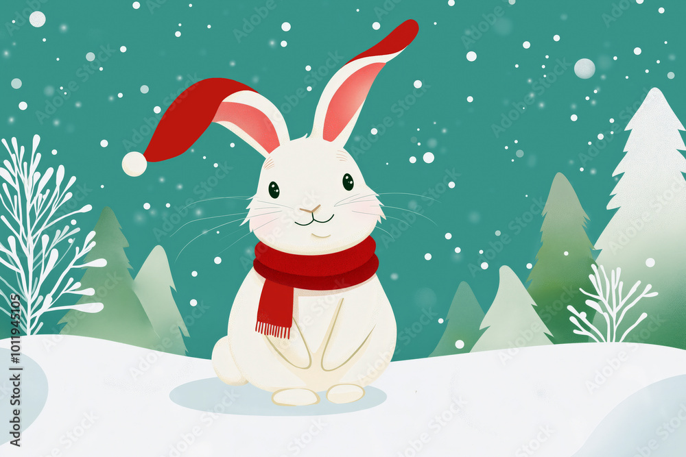 White hare or rabbit wearing red scarf sits on the snow in forest.