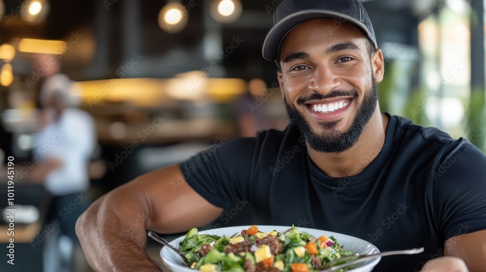 A smiling man holding a large bowl of vibrant salad, filled with fresh ingredients, sits in a modern restaurant setting, suggesting a healthy lifestyle choice.