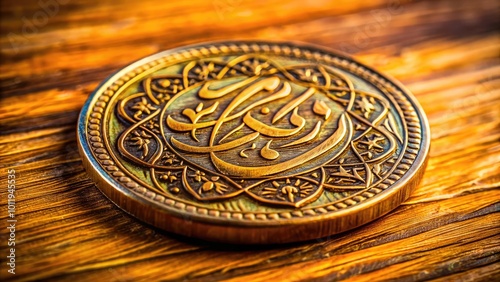 Close-Up of a Traditional Dirham Coin on a Wooden Surface with Detailed Arabic Calligraphy Design