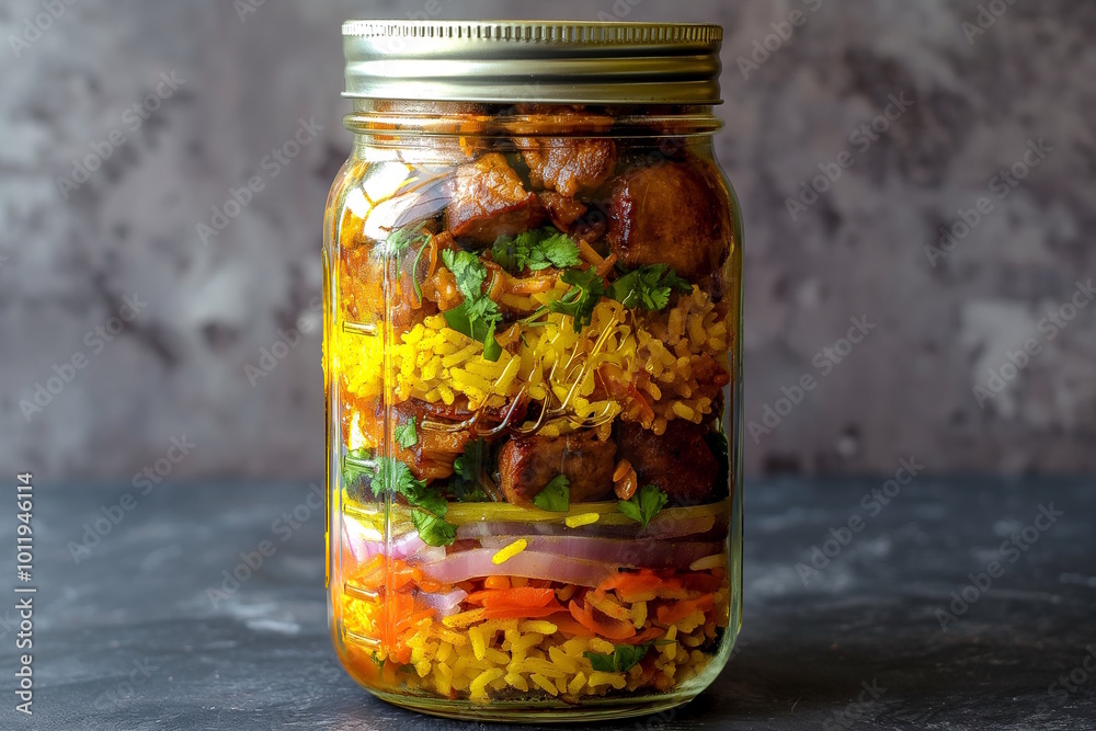 Layered biryani in a mason jar, featuring vibrant layers of rice, vegetables, and grilled meat. Concept of modern takeout and portable Indian food Layered biryani in a mason jar, featuring vibrant layers of rice, vegetables, and grilled meat. Concept of modern takeout and portable Indian food
