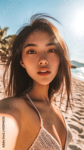 Beautiful young Asian woman taking selfie on the tropical ocean beach on sunny day. Happy female tourist at the seaside on summer vacation