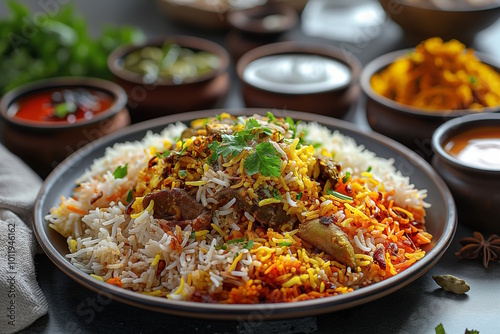 Biryani served with various side dishes, including pickles and sauces, on a rustic wooden table. Concept of traditional Indian meals and cultural dining experiences