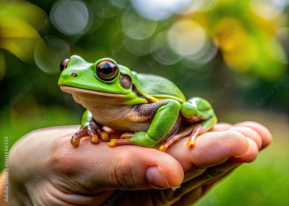 Close-up of a vibrant green frog gently held in a hand against a natural outdoor background Close-up of a vibrant green frog gently held in a hand against a natural outdoor background