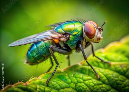Wallpaper Mural Close-up of a vibrant green fly perched on a leaf with blurred natural background in sunlight Torontodigital.ca