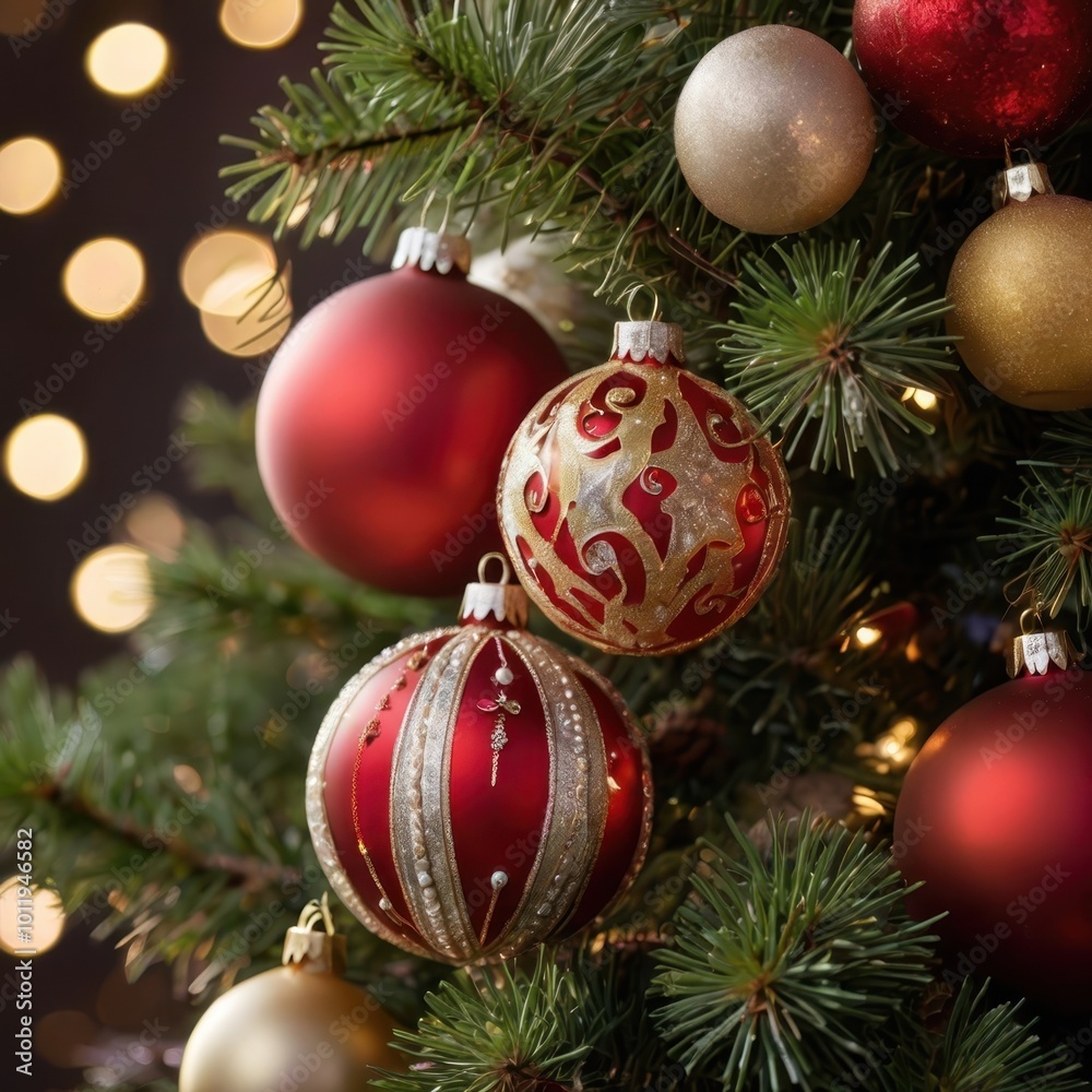 Naklejka premium A stunning arrangement of Christmas decorations is beautifully displayed, creating a festive atmosphere. The vibrant colors of red, green, gold, and silver fill the scene.