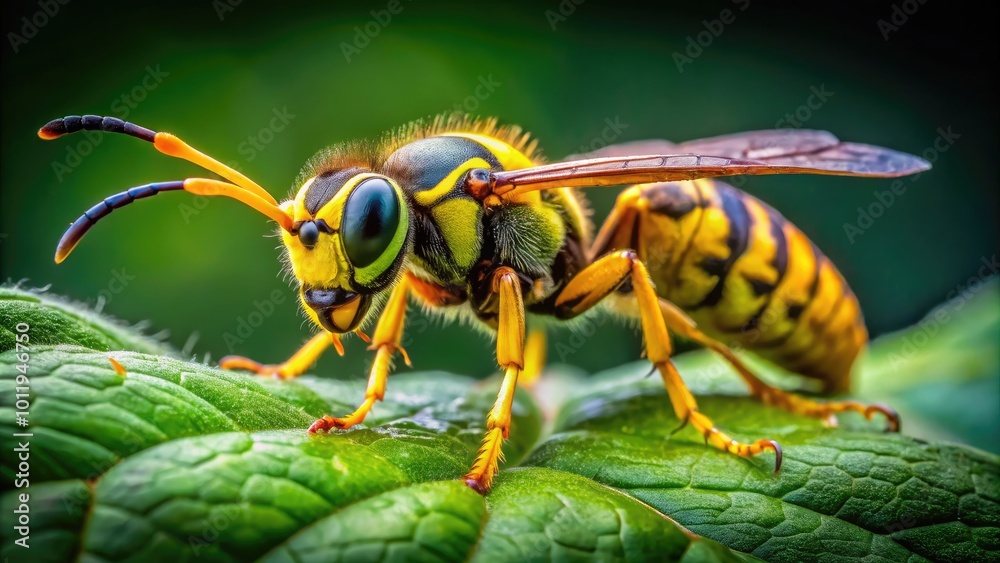 Close-up of a vibrant yellow jacket insect on a green leaf, showcasing its distinctive features