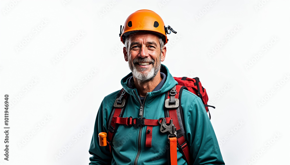 Fototapeta premium Portrait of a friendly, middle-aged mountaineer in rugged climbing gear.