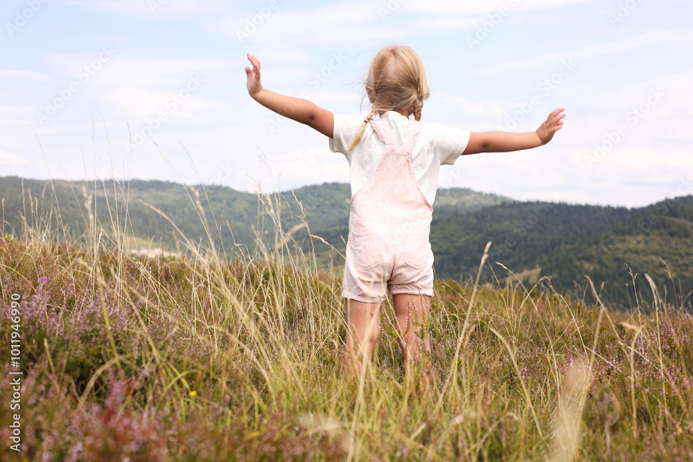 Cute little girl standing on meadow near mountains, back view Cute little girl standing on meadow near mountains, back view