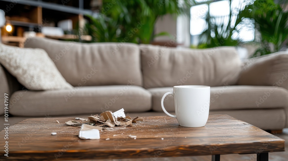 A serene and cozy living room setting with a white mug prominently placed on a wooden table, enhancing the ambiance with scattered paper pieces for texture. A serene and cozy living room setting with a white mug prominently placed on a wooden table, enhancing the ambiance with scattered paper pieces for texture.