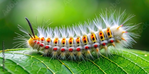 Close-up of a white-marked tussock moth caterpillar resting on a green leaf in natural habitat