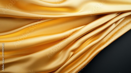 This image showcases elegant golden silk fabric with fluid drapery, highlighted by soft lighting, creating a luxurious and sophisticated visual appeal.