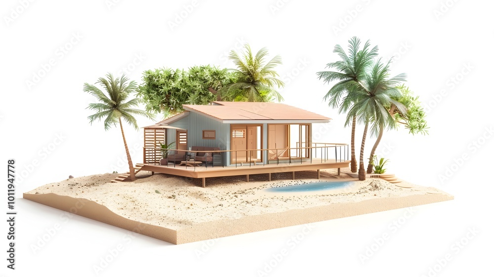Fototapeta premium Miniature Coastal Bungalow Model with Wraparound Deck and Palm Trees on Sandy Beach
