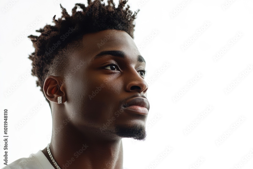 A close-up profile of a young man with stylish hair and jewelry, exuding confidence, Ideal for themes of fashion, self-expression, and individuality in marketing and lifestyle content, A close-up profile of a young man with stylish hair and jewelry, exuding confidence, Ideal for themes of fashion, self-expression, and individuality in marketing and lifestyle content,