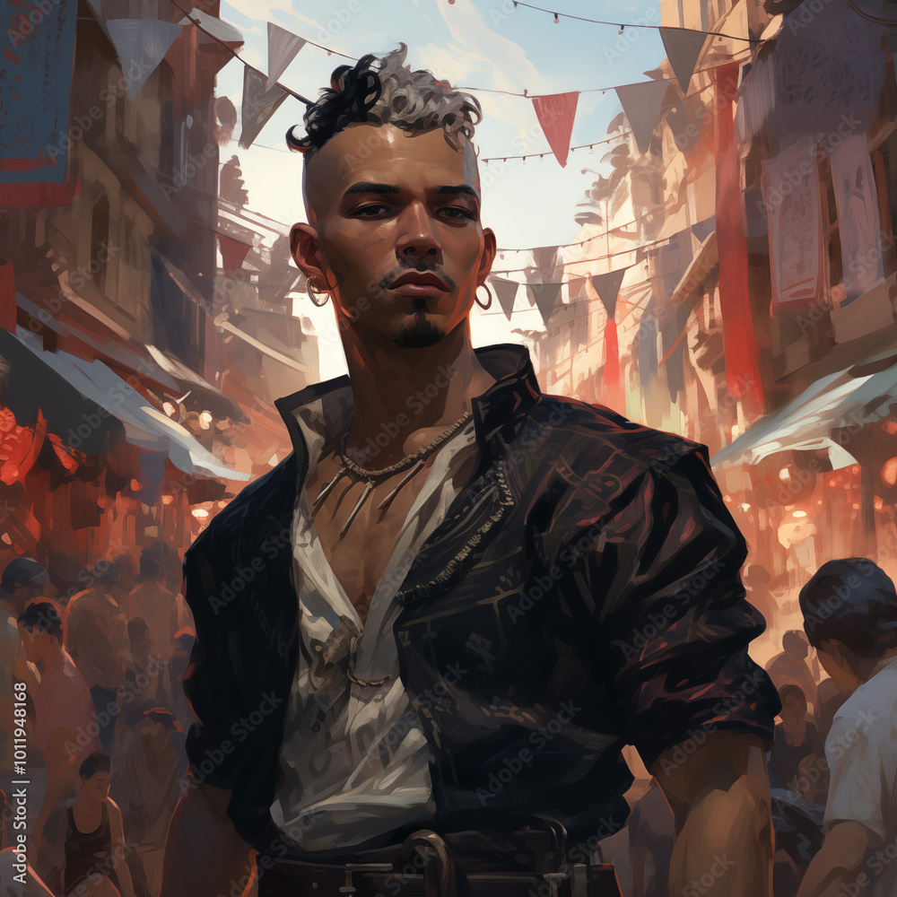 Portrait of a male warlock with short black and white hair and a medium complexion wearing dark clothes in a bustling city from a fantasy world. Portrait of a male warlock with short black and white hair and a medium complexion wearing dark clothes in a bustling city from a fantasy world.