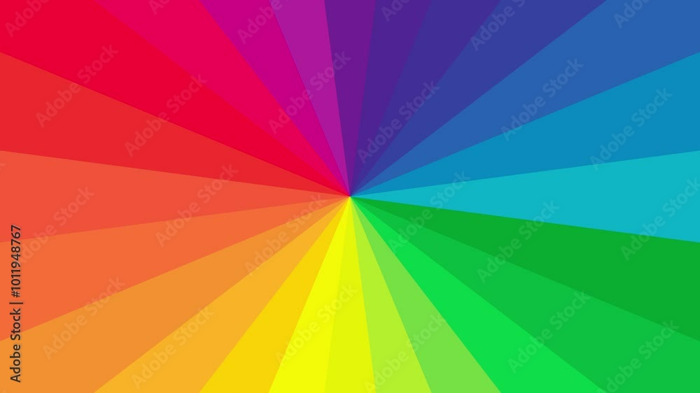Abstract background. Animation of rotation of rays of colour circle. Different coloured stripes coming from the centre rotate in a circle, changing their colour. Circular rainbow.