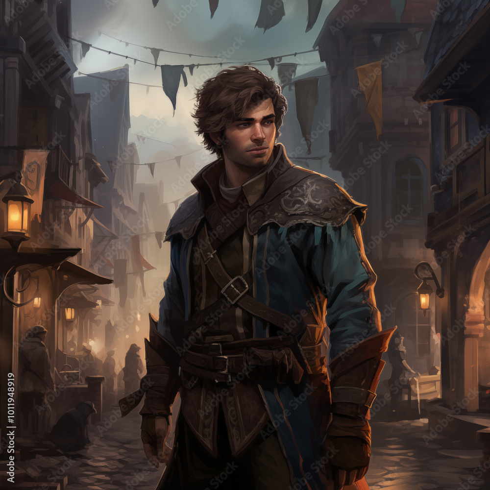 Portrait of a male rogue with medium hair in a bustling city from a fantasy world. Portrait of a male rogue with medium hair in a bustling city from a fantasy world.