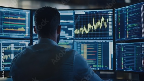 Investor Analyzing Stock Market Data on Multiple Screens