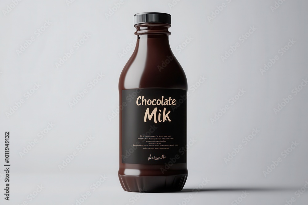 A stylish dark bottle of chocolate milk sits against a clean, light background, perfect for use in advertising, packaging design, or food-related content, It conveys indulgence and quality branding, A stylish dark bottle of chocolate milk sits against a clean, light background, perfect for use in advertising, packaging design, or food-related content, It conveys indulgence and quality branding,