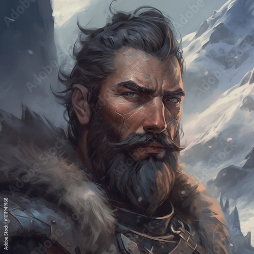 Portrait of a male warrior with flowing hair in the mountains from a fantasy world.