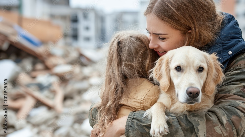 A mother and daughter tenderly embrace a golden retriever amid debris and ruins in a scene that captures familial love and resilience in challenging times.