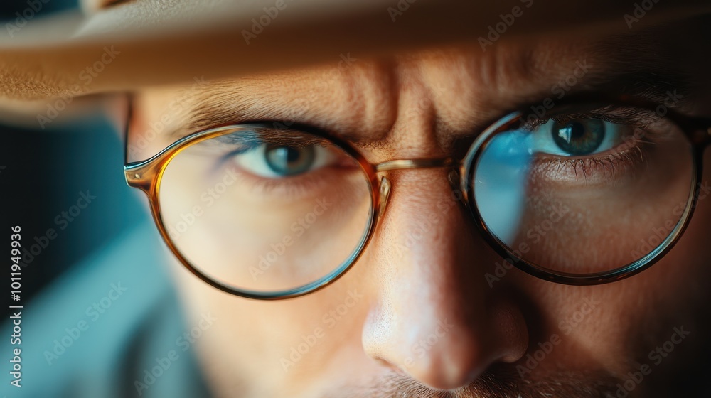 A close-up portrait featuring a man's intense gaze through glasses, highlighting his determined and thoughtful expression, emphasizing focus and contemplation. A close-up portrait featuring a man's intense gaze through glasses, highlighting his determined and thoughtful expression, emphasizing focus and contemplation.